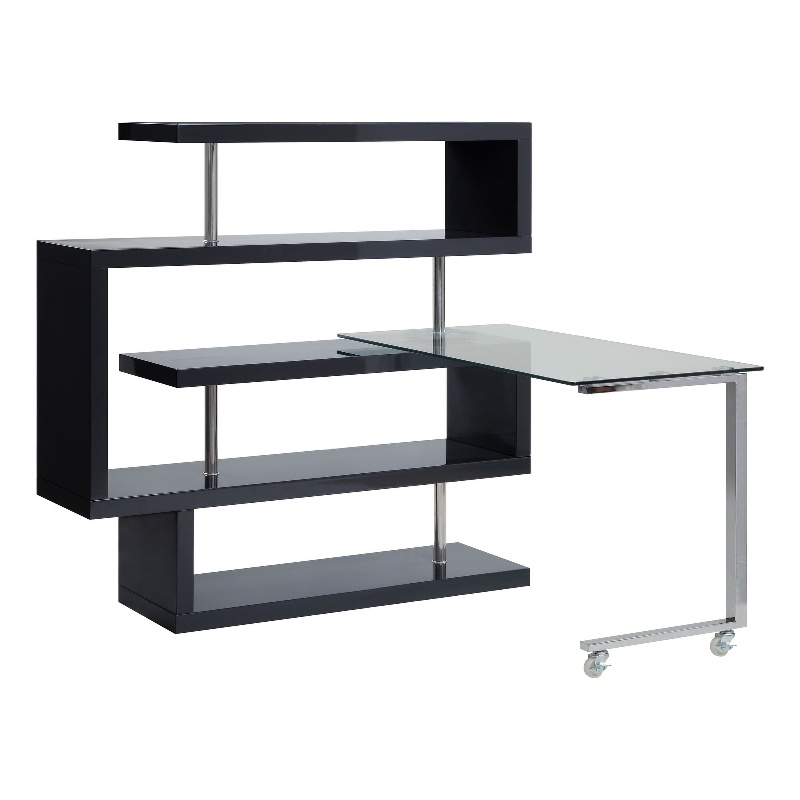 Pemberly Row Writing Desk with 4 Swivel Etagere Shelves and Glass Top in Brown