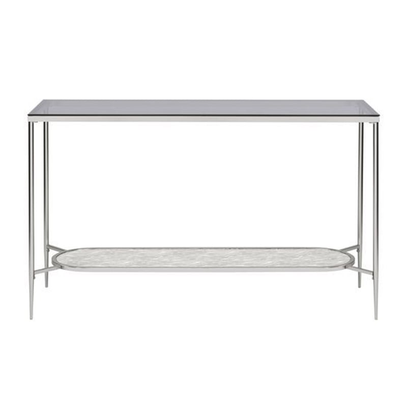 Pemberly Row Glass Top Sofa Table with Textured Obround Shelf in Silver