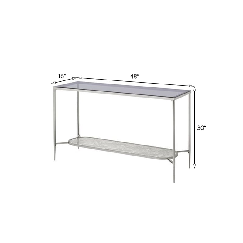 Pemberly Row Glass Top Sofa Table with Textured Obround Shelf in Silver