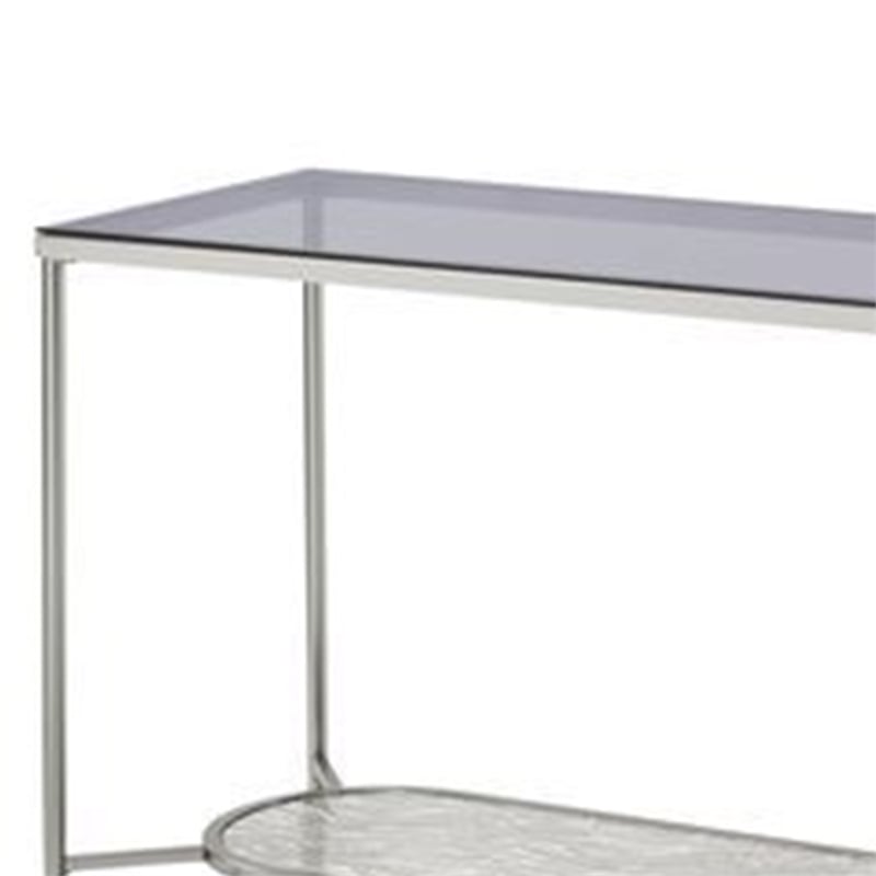 Pemberly Row Glass Top Sofa Table with Textured Obround Shelf in Silver