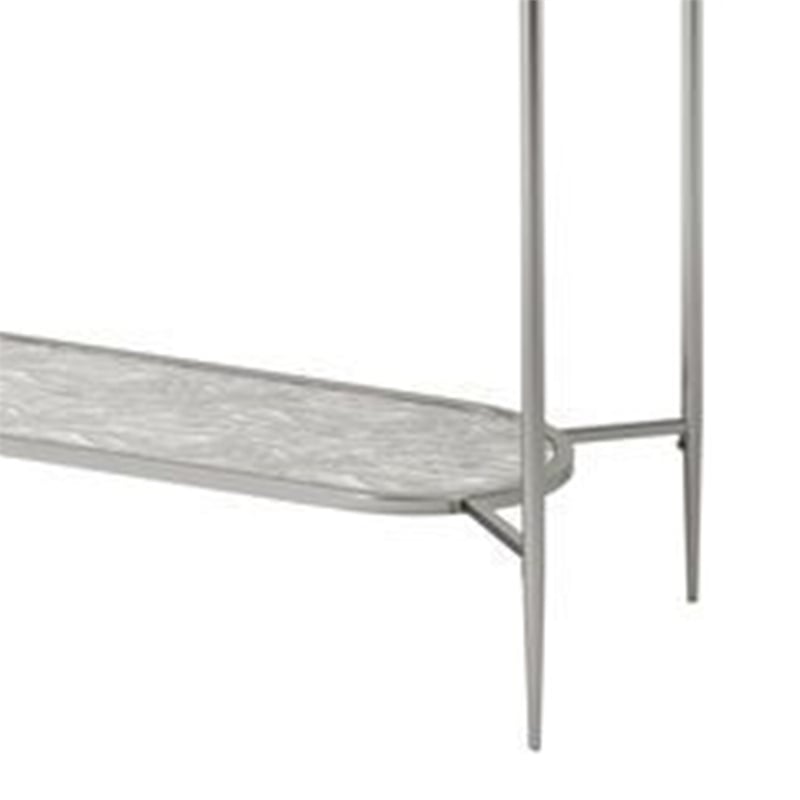 Pemberly Row Glass Top Sofa Table with Textured Obround Shelf in Silver