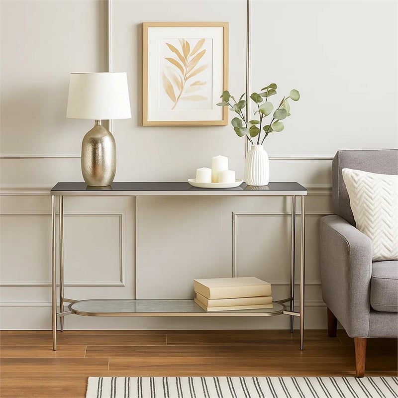 Pemberly Row Glass Top Sofa Table with Textured Obround Shelf in Silver