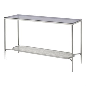 Pemberly Row Glass Top Sofa Table with Textured Obround Shelf in Silver
