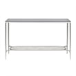 Pemberly Row Glass Top Sofa Table with Textured Obround Shelf in Silver