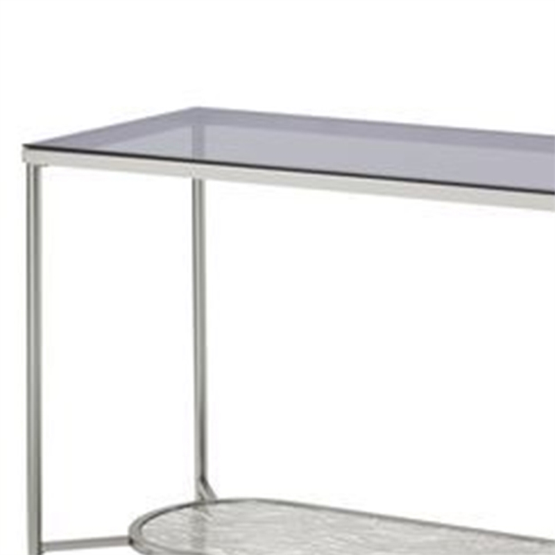 Pemberly Row Glass Top Sofa Table with Textured Obround Shelf in Silver