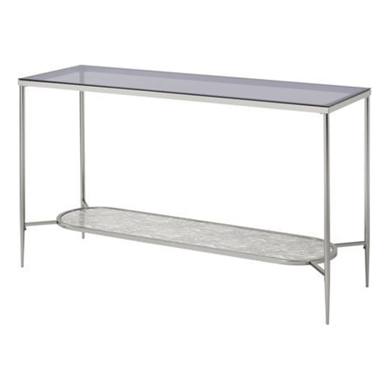 Pemberly Row Glass Top Sofa Table with Textured Obround Shelf in Silver