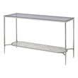 Pemberly Row Glass Top Sofa Table with Textured Obround Shelf in Silver
