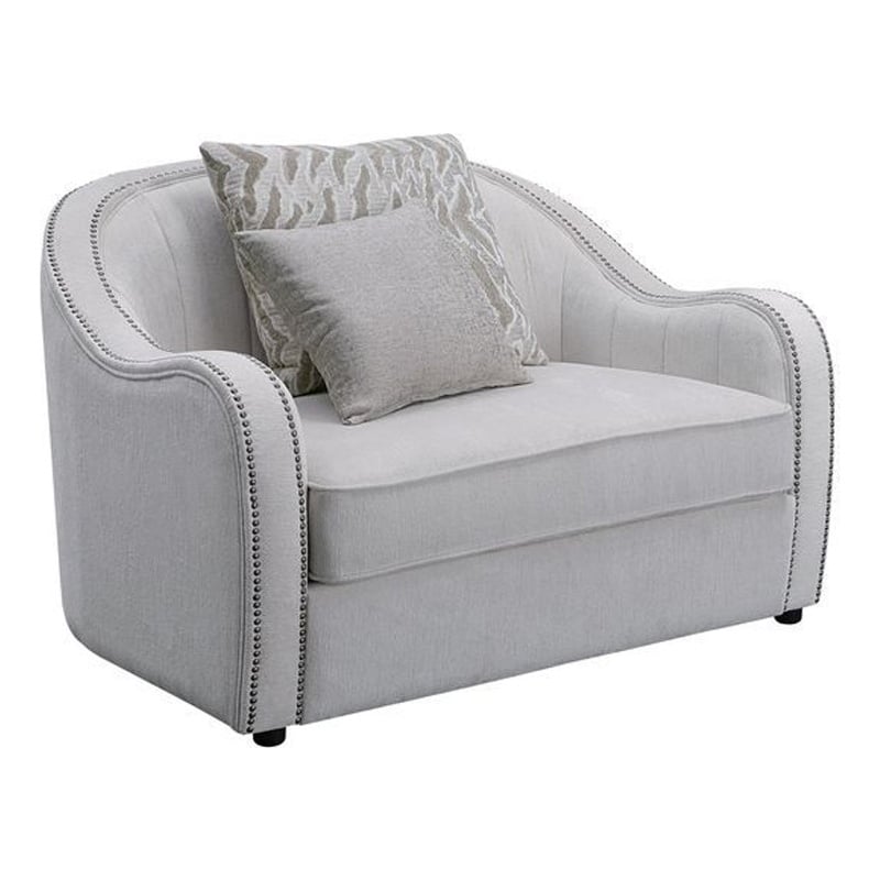Pemberly Row Linen Chair with Curved Rounded Back and Nailhead Trim in Off White