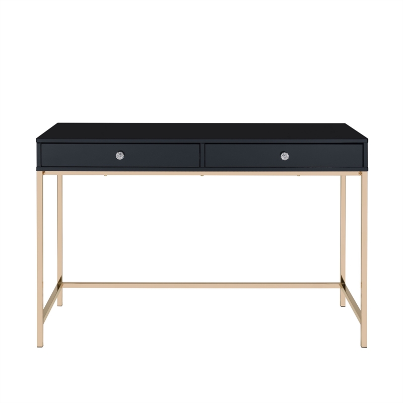 Pemberly Row Contemporary Writing Desk with 2 Drawers and Crystal Knobs in Black