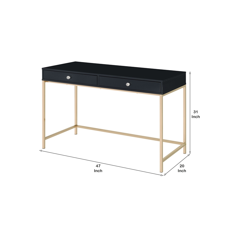 Pemberly Row Contemporary Writing Desk with 2 Drawers and Crystal Knobs in Black