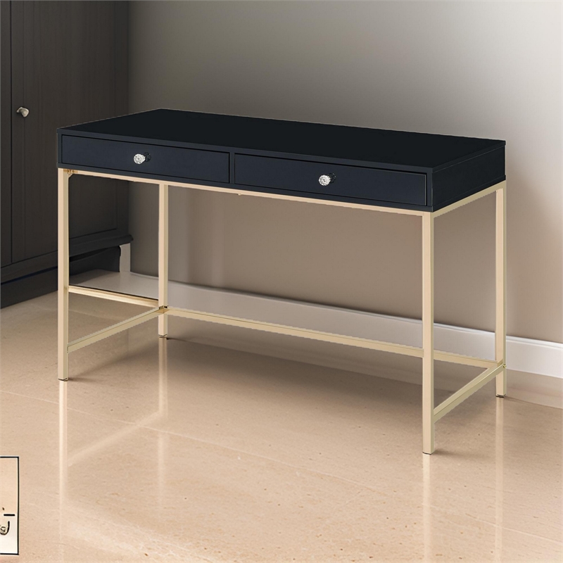 Pemberly Row Contemporary Writing Desk with 2 Drawers and Crystal Knobs in Black