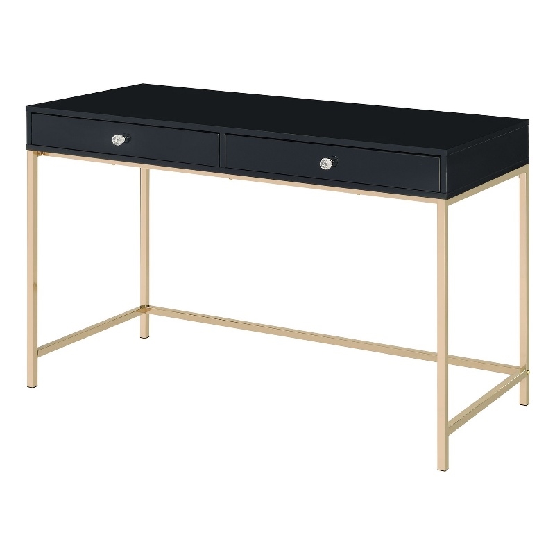 Pemberly Row Contemporary Writing Desk with 2 Drawers and Crystal Knobs in Black