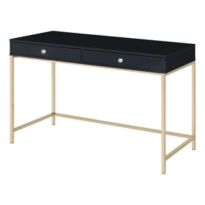 Pemberly Row Contemporary Writing Desk with 2 Drawers and Crystal Knobs in Black