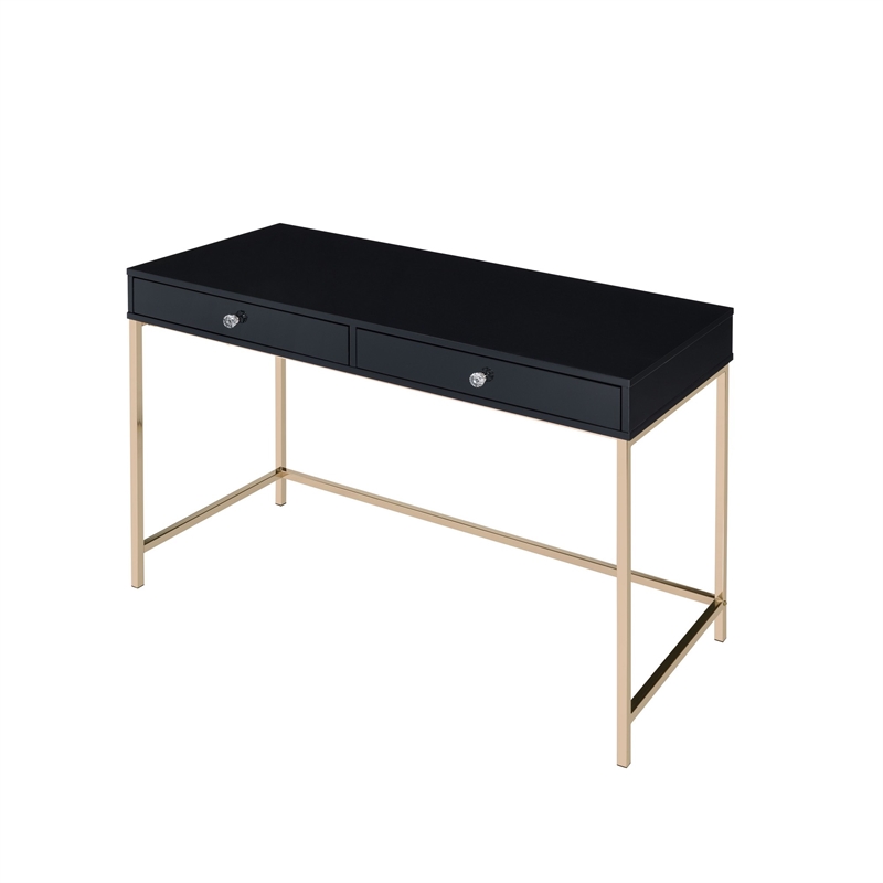 Pemberly Row Contemporary Writing Desk with 2 Drawers and Crystal Knobs in Black
