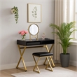 Pemberly Row Vanity Desk with Round Mirror and Glass Top in Black and Gold