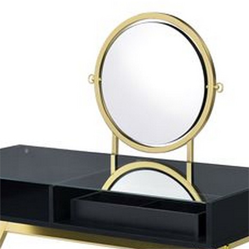 Pemberly Row Vanity Desk with Round Mirror and Glass Top in Black and Gold