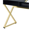 Pemberly Row Vanity Desk with Round Mirror and Glass Top in Black and Gold