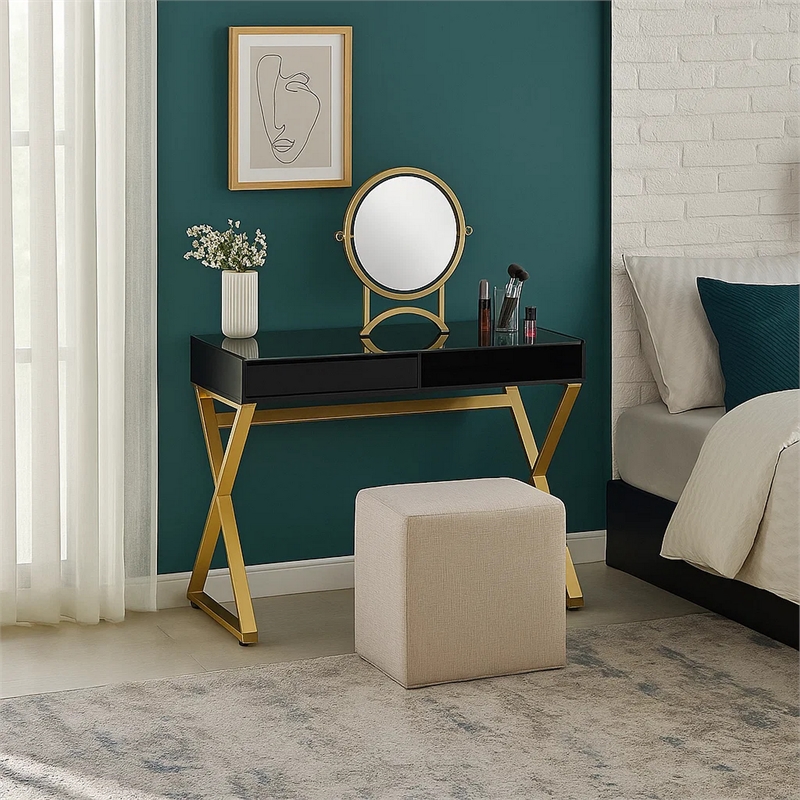 Pemberly Row Vanity Desk with Round Mirror and Glass Top in Black and Gold