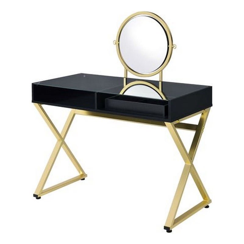Pemberly Row Vanity Desk with Round Mirror and Glass Top in Black and Gold