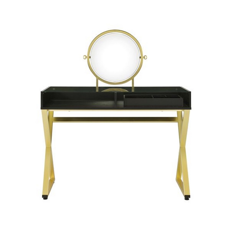Pemberly Row Vanity Desk with Round Mirror and Glass Top in Black and Gold