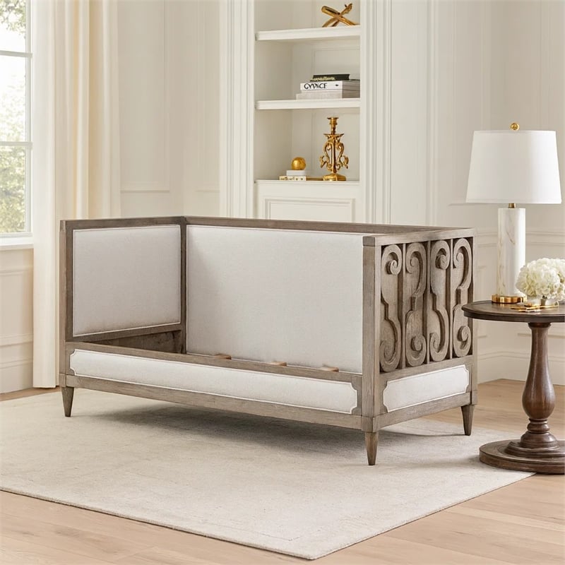 Pemberly Row Composite Wood Daybed with Fabric Upholstery & Carvings in Brown