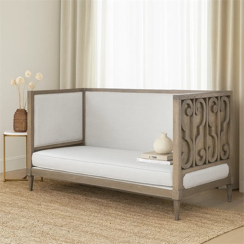 Pemberly Row Composite Wood Daybed with Fabric Upholstery & Carvings in Brown