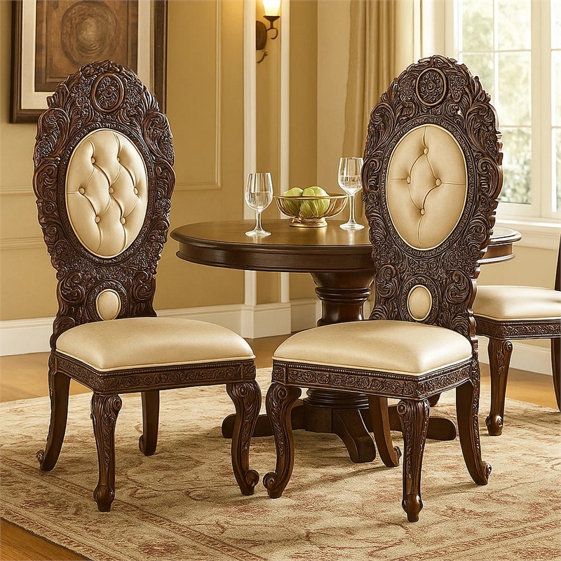 Pemberly Row Leatherette Side Chair Set of 2 with Queen Anne Legs in Brown