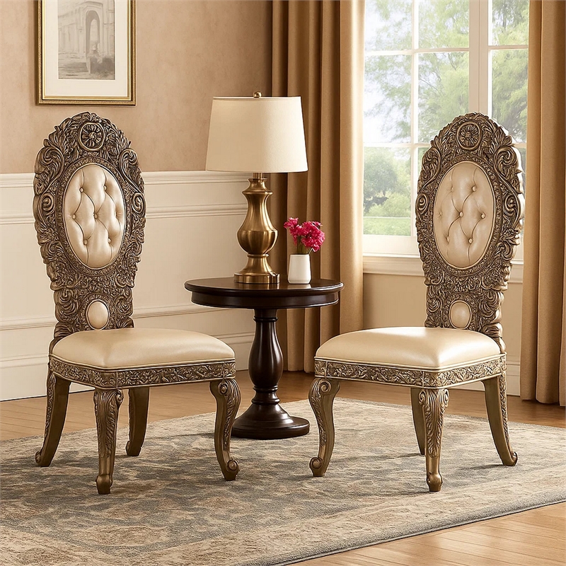 Pemberly Row Leatherette Side Chair Set of 2 with Queen Anne Legs in Brown