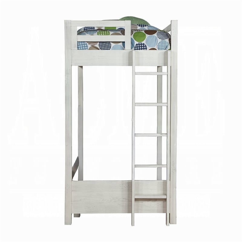Pemberly Row Twin Over Queen Loft Bed with Fixed Ladder and Guardrails in White
