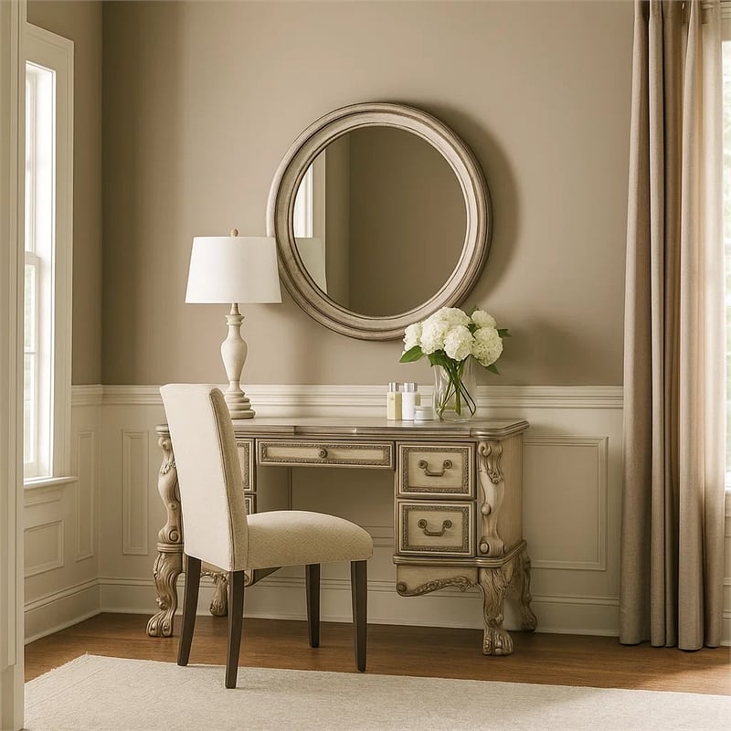 Pemberly Row Vanity Desk with 5 Drawers and Scalloped Carved Design in Off White