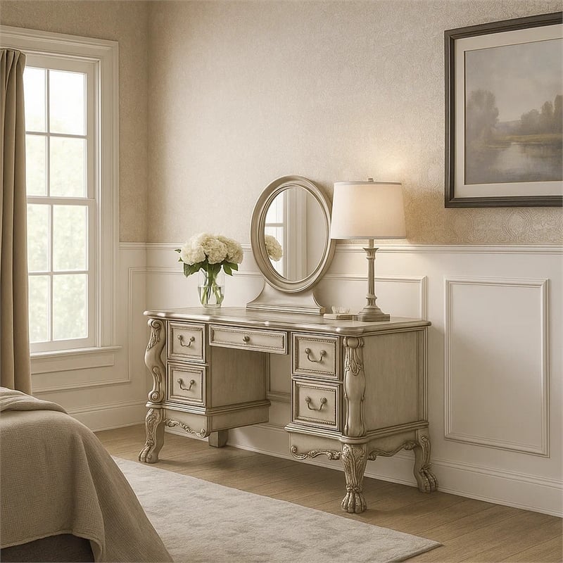 Pemberly Row Vanity Desk with 5 Drawers and Scalloped Carved Design in Off White