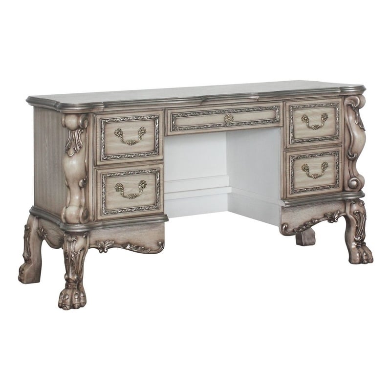 Pemberly Row Vanity Desk with 5 Drawers and Scalloped Carved Design in Off White