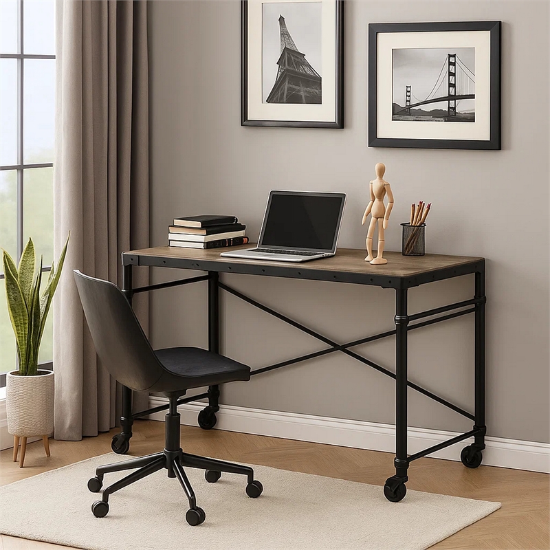 Pemberly Row Industrial Writing Desk with Casters and X Metal Accent in Black