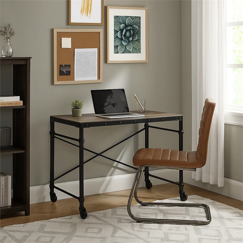 Pemberly Row Industrial Writing Desk with Casters and X Metal Accent in Black