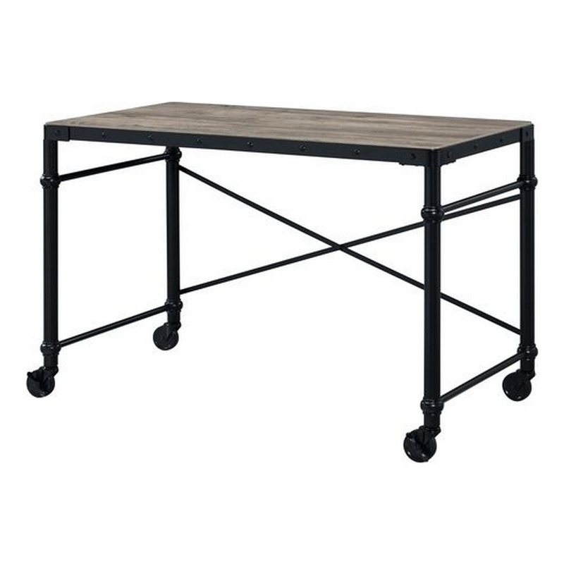 Pemberly Row Industrial Writing Desk with Casters and X Metal Accent in Black