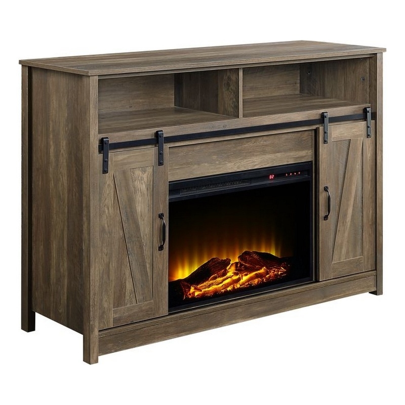Pemberly Row TV Stand with Built-In Fireplace & 2 Sliding Barn Doors in Brown