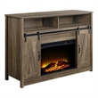 Pemberly Row TV Stand with Built-In Fireplace & 2 Sliding Barn Doors in Brown