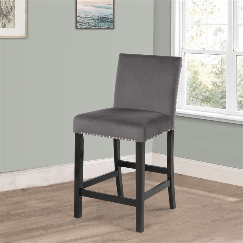 Pemberly Row 40 Inch Counter Height Chair Set of 2 with Velvet Seat in Gray
