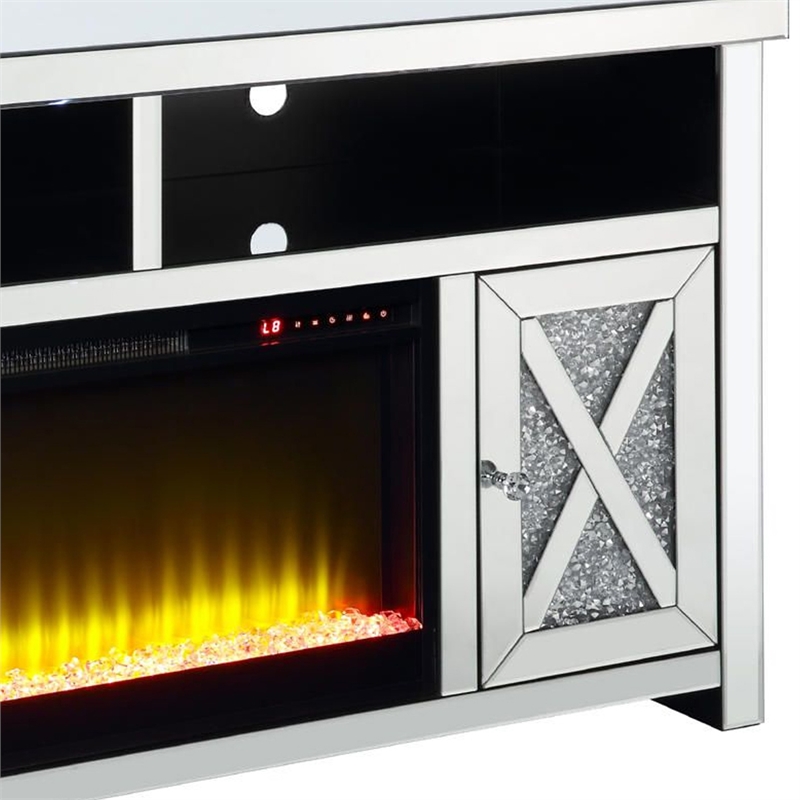 Pemberly Row TV Stand with Electric Fireplace & Beveled Mirror Framing in Silver
