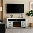 Pemberly Row TV Stand with Electric Fireplace & Beveled Mirror Framing in Silver