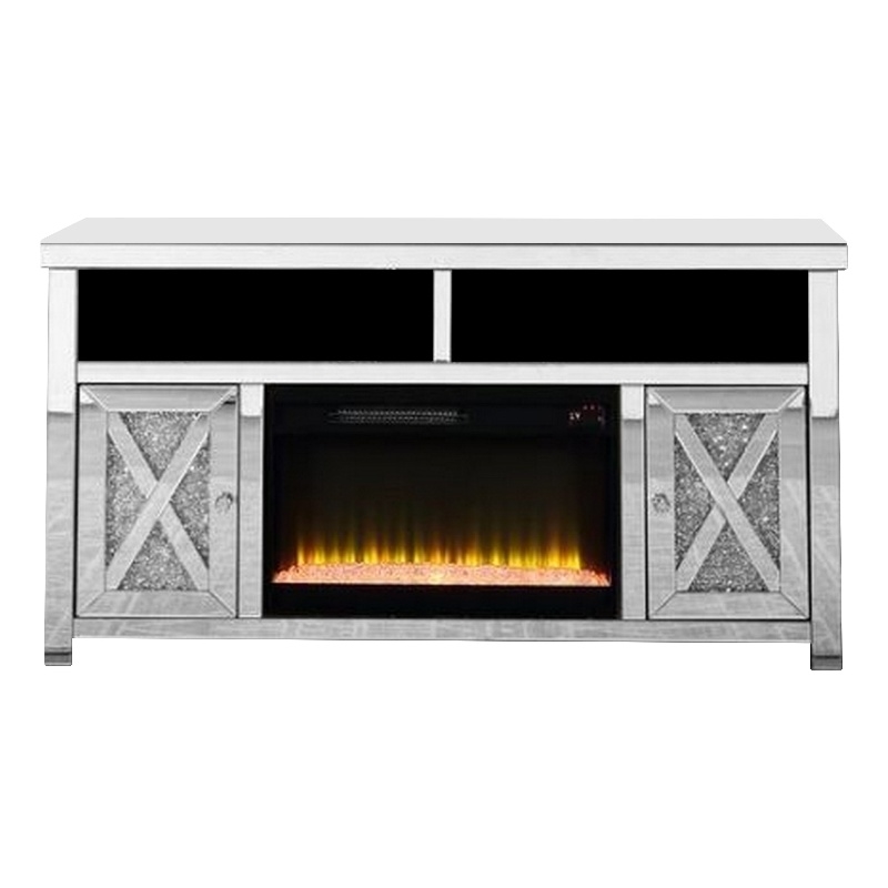 Pemberly Row TV Stand with Electric Fireplace & Beveled Mirror Framing in Silver