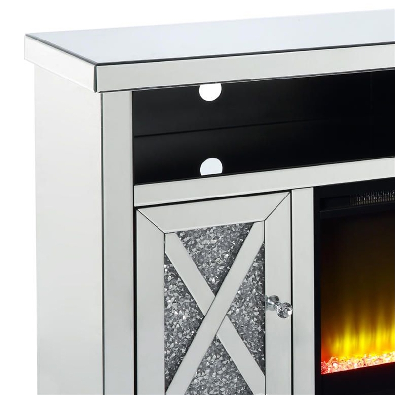 Pemberly Row TV Stand with Electric Fireplace & Beveled Mirror Framing in Silver