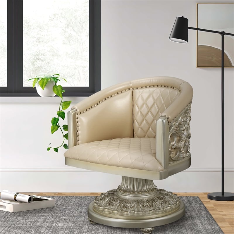 Pemberly Row Royal Vegan Leather Armchair with Scrolled Floral Carvings in Gold