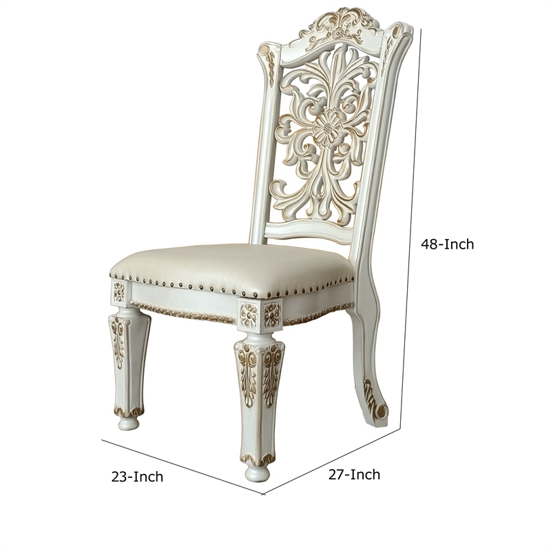 Pemberly Row Dining Chair Set of 2 with Floral Backrest & Nailhead Trim in White