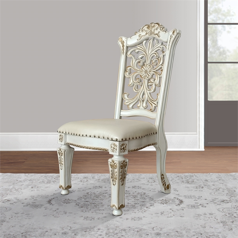 Pemberly Row Dining Chair Set of 2 with Floral Backrest & Nailhead Trim in White