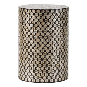 Pemberly Row 20 Inch Round Capiz Inlay Accent Stool in Black and White