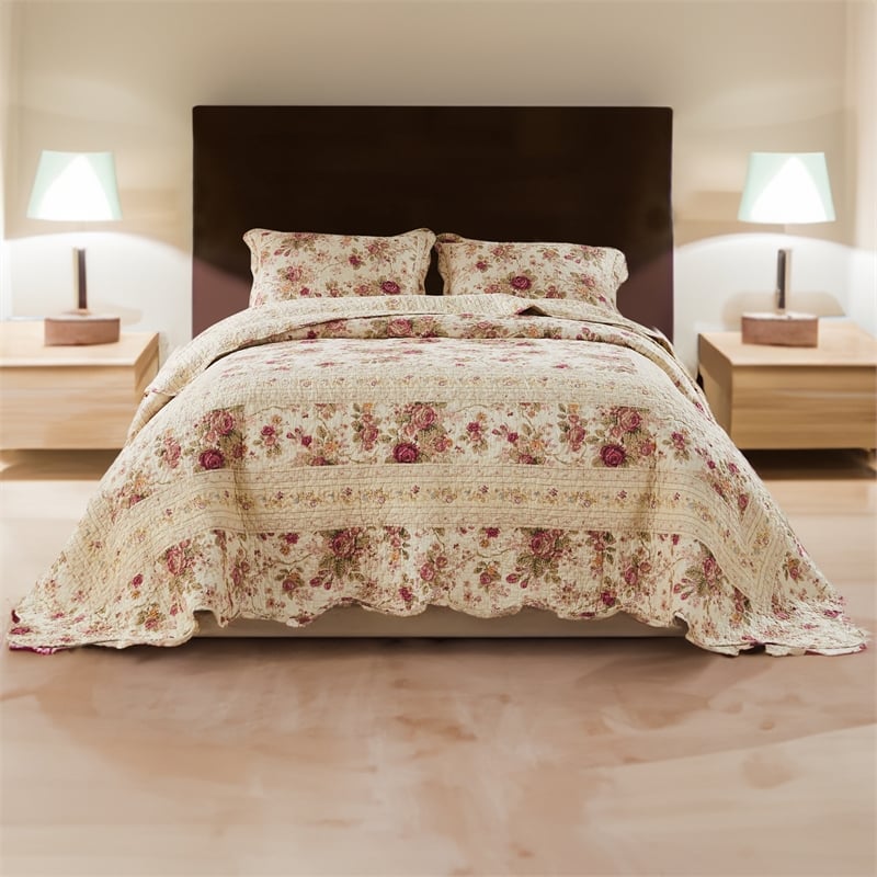 Pemberly Row 3 Piece King Bedspread Set with Floral Print in Cream and Pink