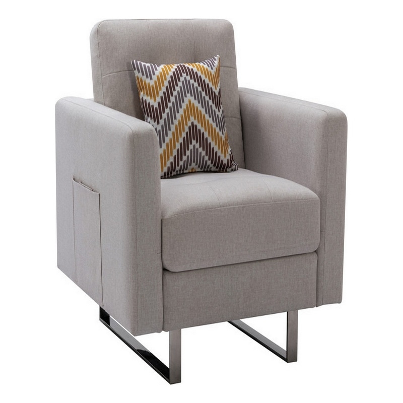 Pemberly Row Accent Armchair with Tufted Seat and Pocket Pouch in Beige Fabric