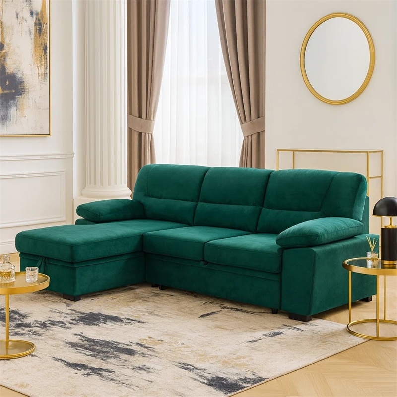 Pemberly Row 98 Inch 2 Piece Sectional Sofa with Pull Out Bed in Green Velvet