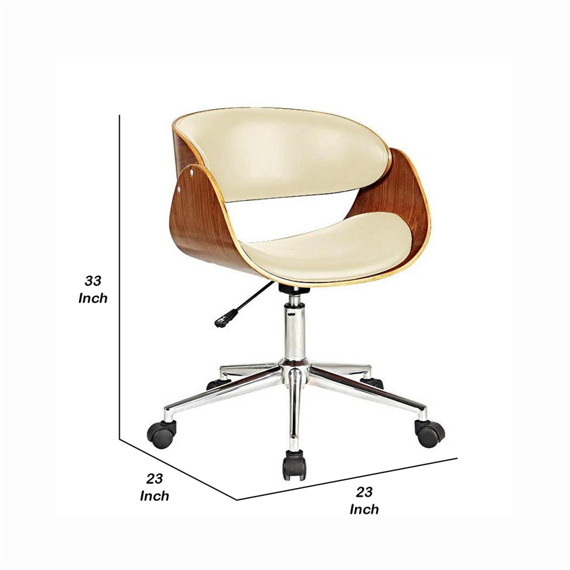 Pemberly Row 23 Inch Swivel Office Chair in Beige Faux Leather and Brown Wood